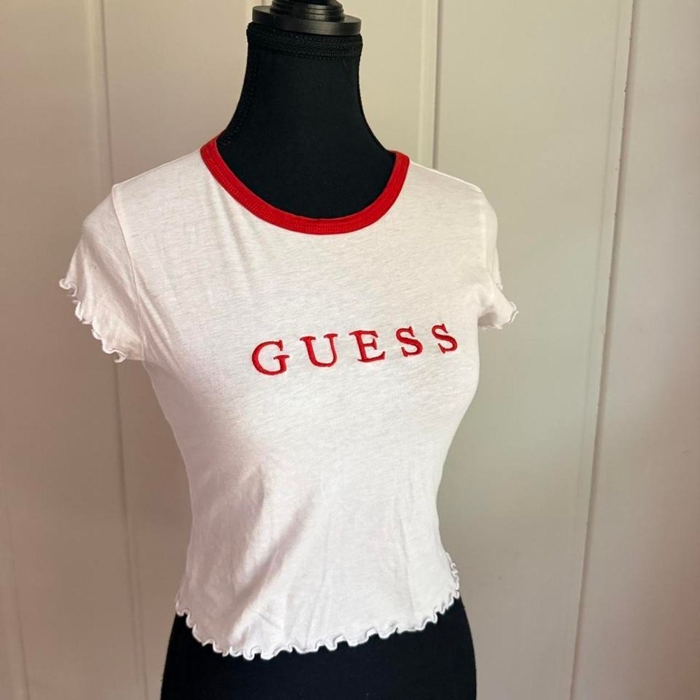 Guess embroidered baby tee white red ringer Y2K